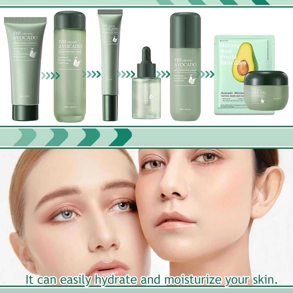 Avocado Skin Care Set,Facial Kit with Facial Cleanser,Toner,Eye Cream,Face Serum,Facial Serum,Face Cream,Lotion & 3PCS Face Mask,Travel Skincare Kit for Women (9PCS)